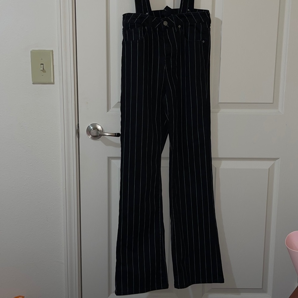 Striped pants with removable suspenders